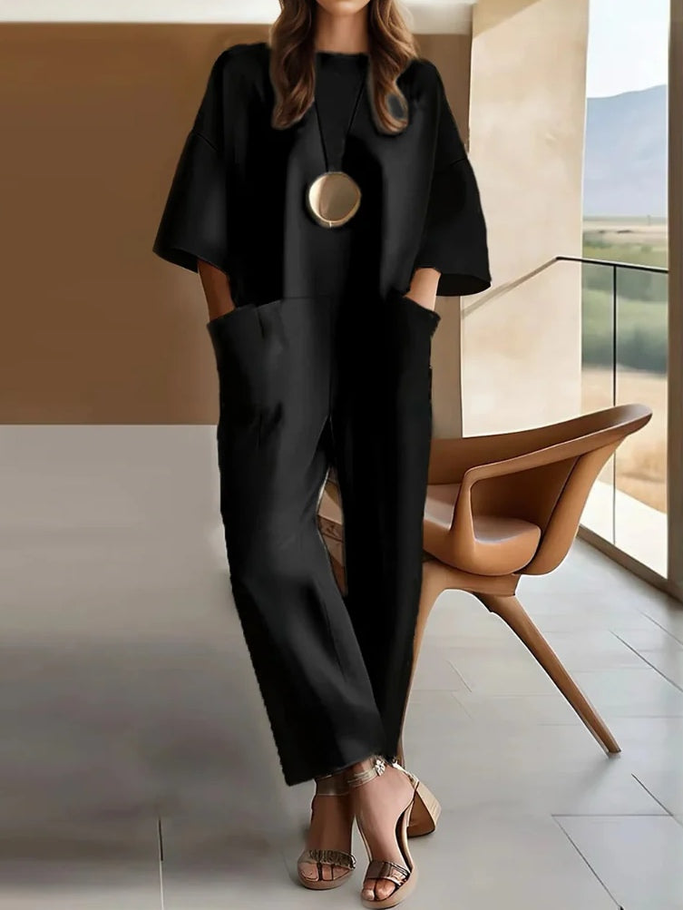 Effortless Jumpsuit for Women with Crew Neck Batwing Sleeve Oversized Pocket Wide Leg Casual Style