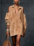Stylish Casual Dresses for Women with Faux Suede Cold Shoulder V-Neck Long Sleeve Mini Oversized Style