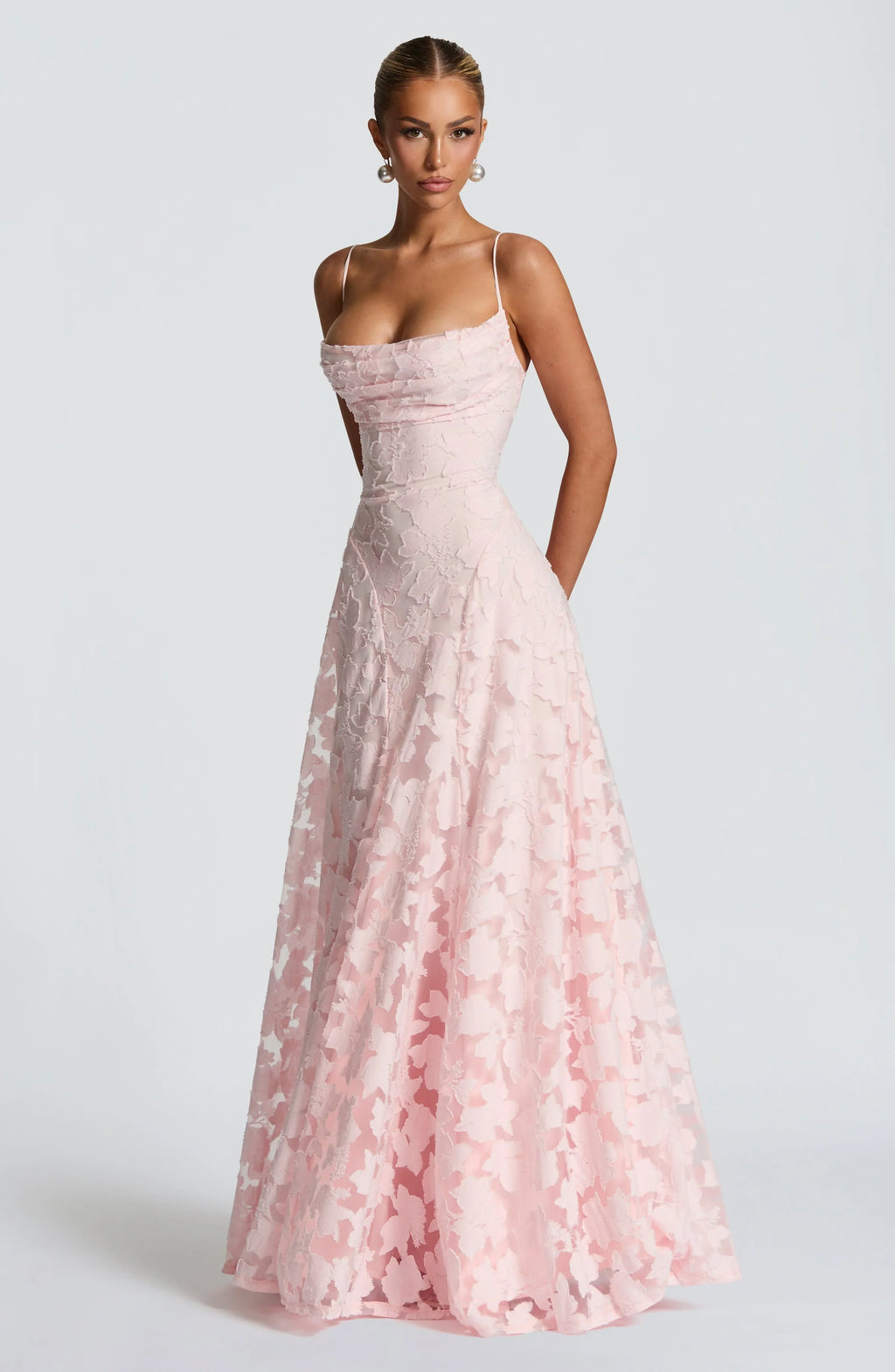 Elegant Formal Wedding Guest Dress for Women with Spaghetti Strap Floral Textured A-Line Maxi Style