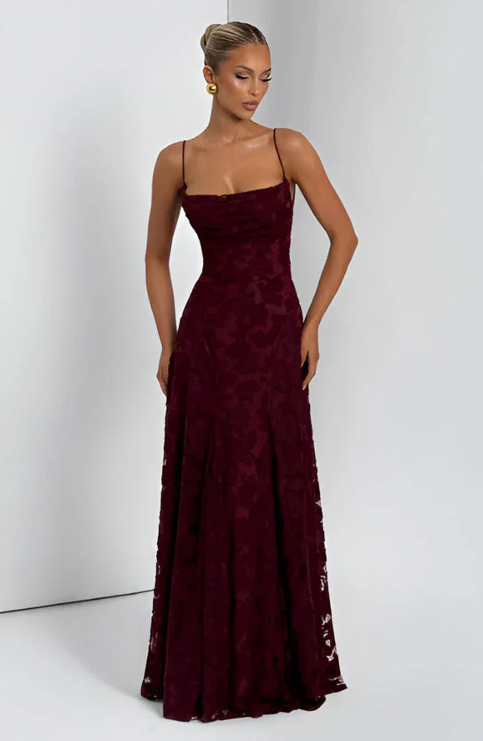 Elegant Formal Wedding Guest Dress for Women with Spaghetti Strap Floral Textured A-Line Maxi Style
