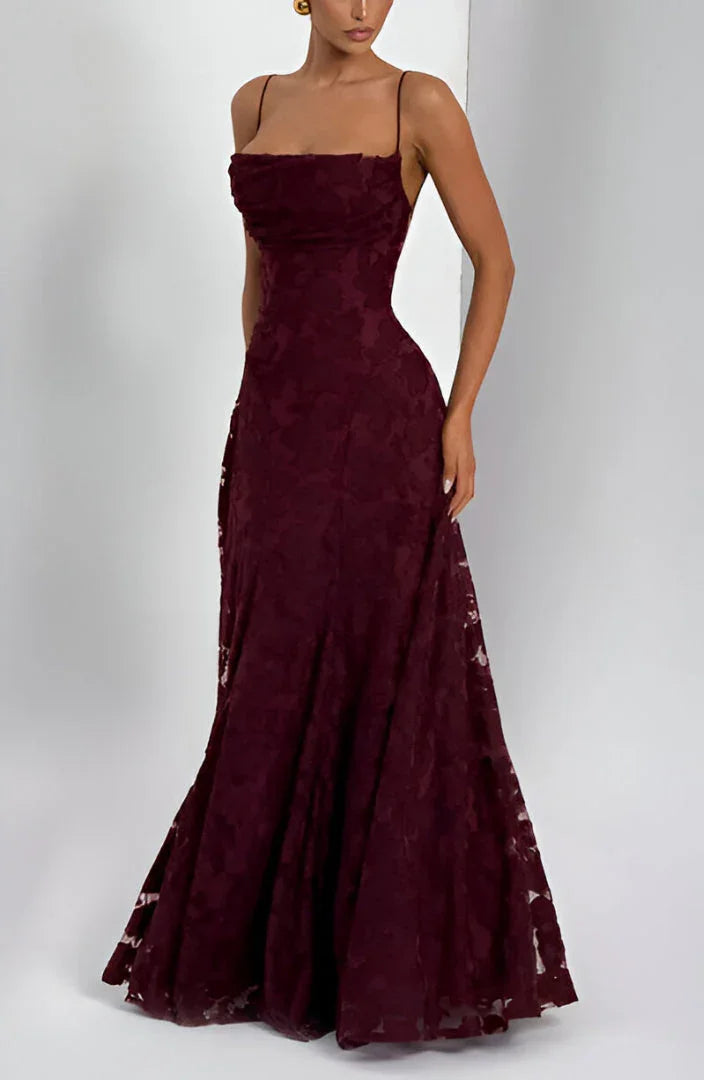 Elegant Formal Wedding Guest Dress for Women with Spaghetti Strap Floral Textured A-Line Maxi Style