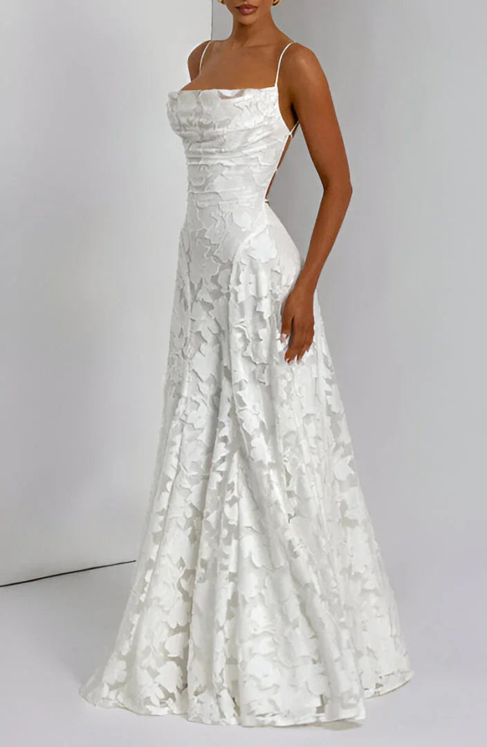 Elegant Formal Wedding Guest Dress for Women with Spaghetti Strap Floral Textured A-Line Maxi Style