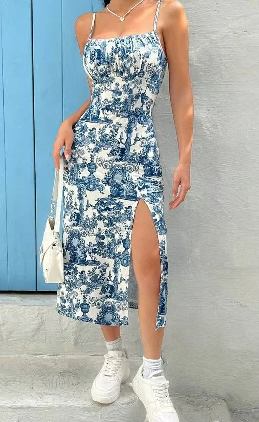 Effortless Sundress for Women with Square Neck Spaghetti Strap Floral Print Ruched Side Slit Midi Style