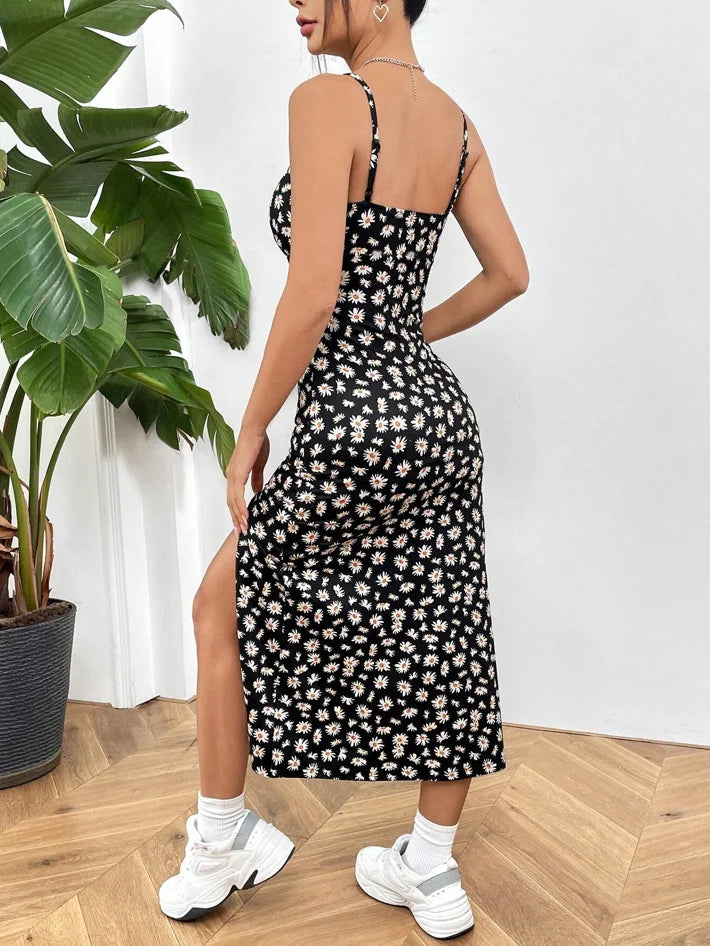 Effortless Sundress for Women with Square Neck Spaghetti Strap Floral Print Ruched Side Slit Midi Style