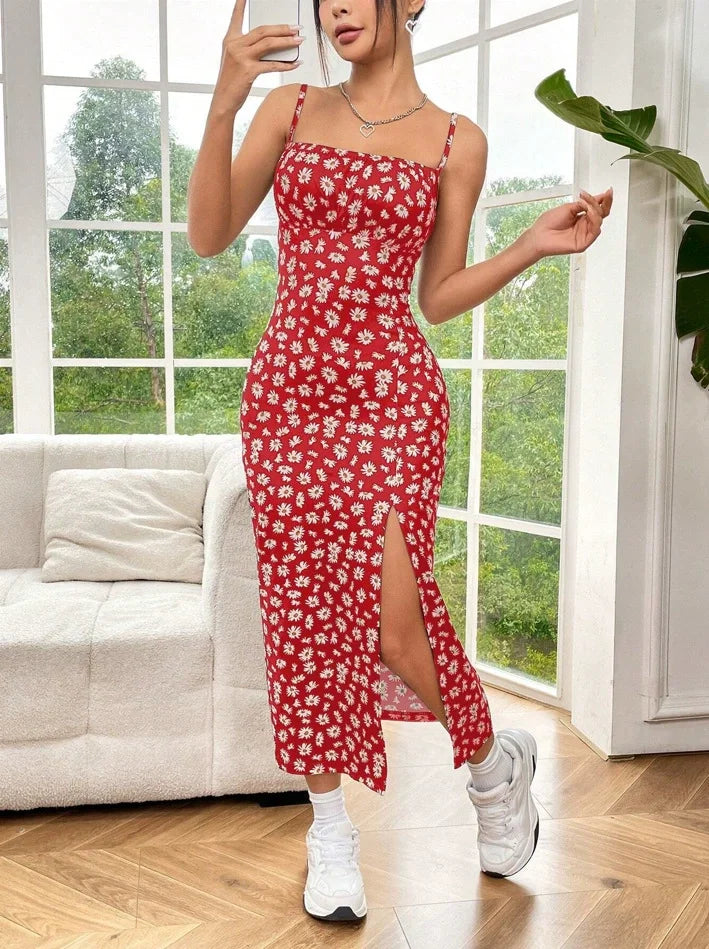 Effortless Sundress for Women with Square Neck Spaghetti Strap Floral Print Ruched Side Slit Midi Style