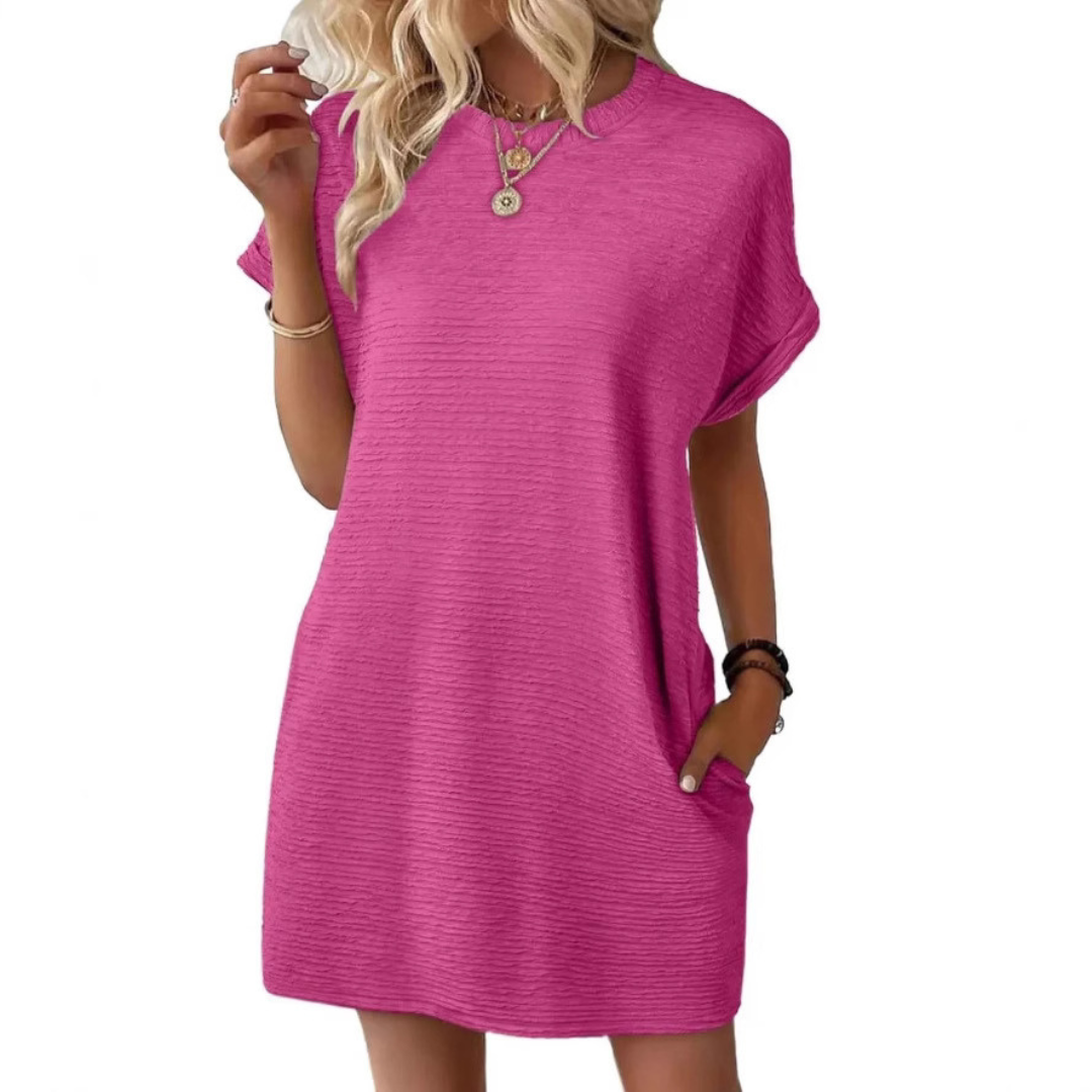 Effortless Sundress for Women with Crew Neck Short Sleeve Jersey Pocket Loose Casual Mini Style
