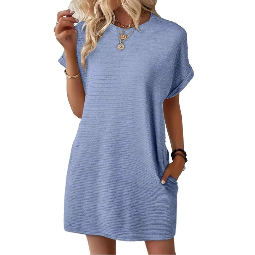 Effortless Sundress for Women with Crew Neck Short Sleeve Jersey Pocket Loose Casual Mini Style