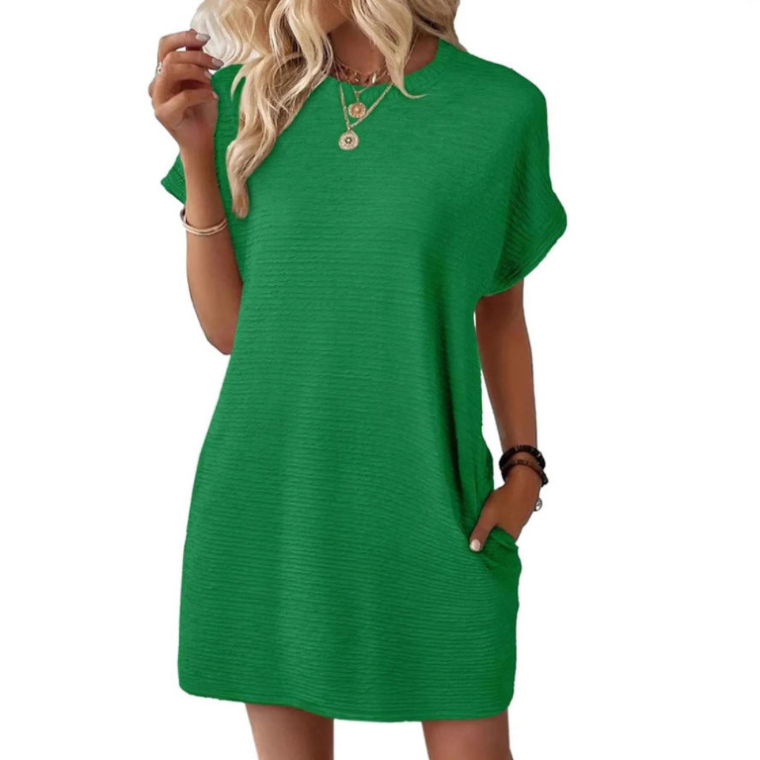 Effortless Sundress for Women with Crew Neck Short Sleeve Jersey Pocket Loose Casual Mini Style