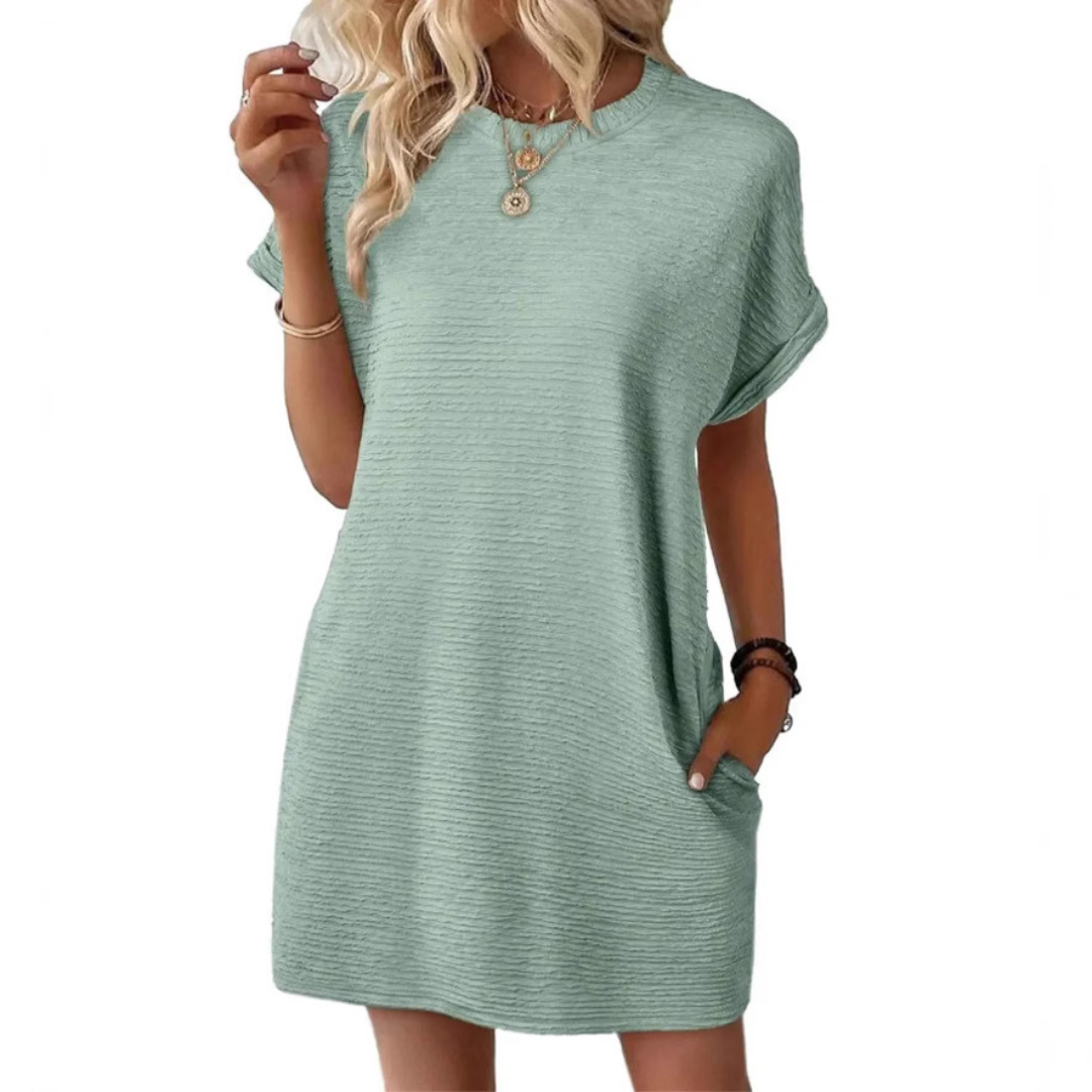 Effortless Sundress for Women with Crew Neck Short Sleeve Jersey Pocket Loose Casual Mini Style