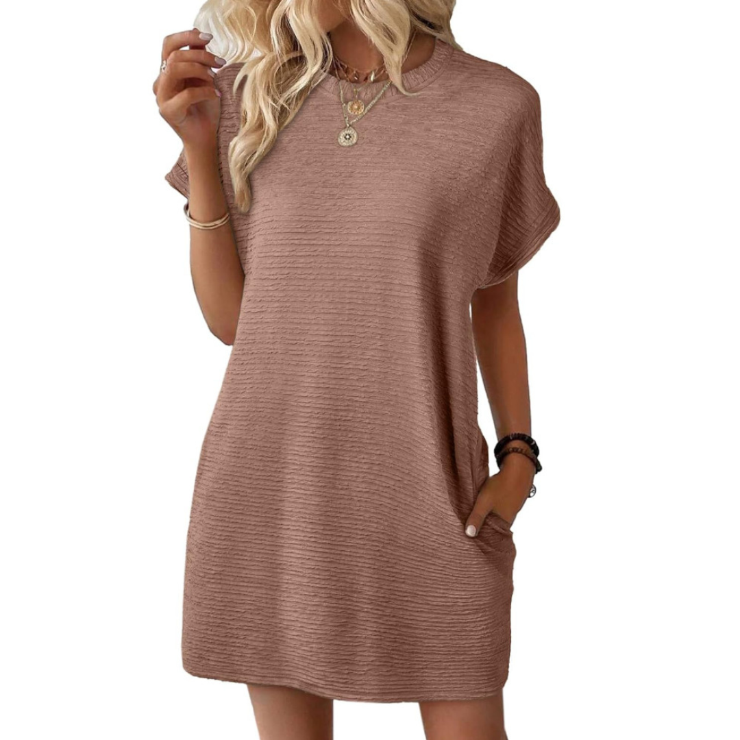 Effortless Sundress for Women with Crew Neck Short Sleeve Jersey Pocket Loose Casual Mini Style