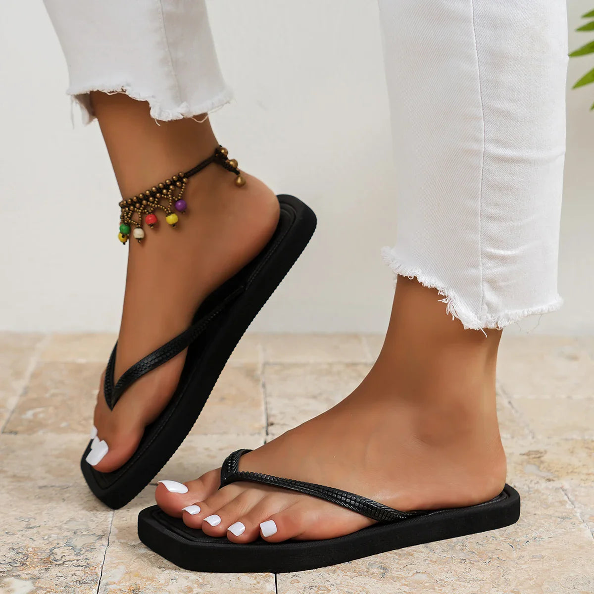 Stylish Flip Flops for Women with Square Toe Woven Strap Flat Sole Minimalist Beach Casual Sandal Style