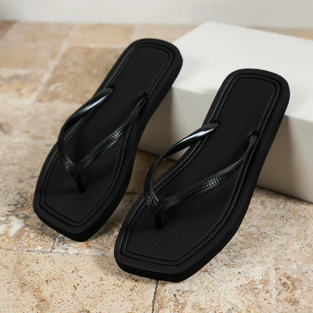 Stylish Flip Flops for Women with Square Toe Woven Strap Flat Sole Minimalist Beach Casual Sandal Style