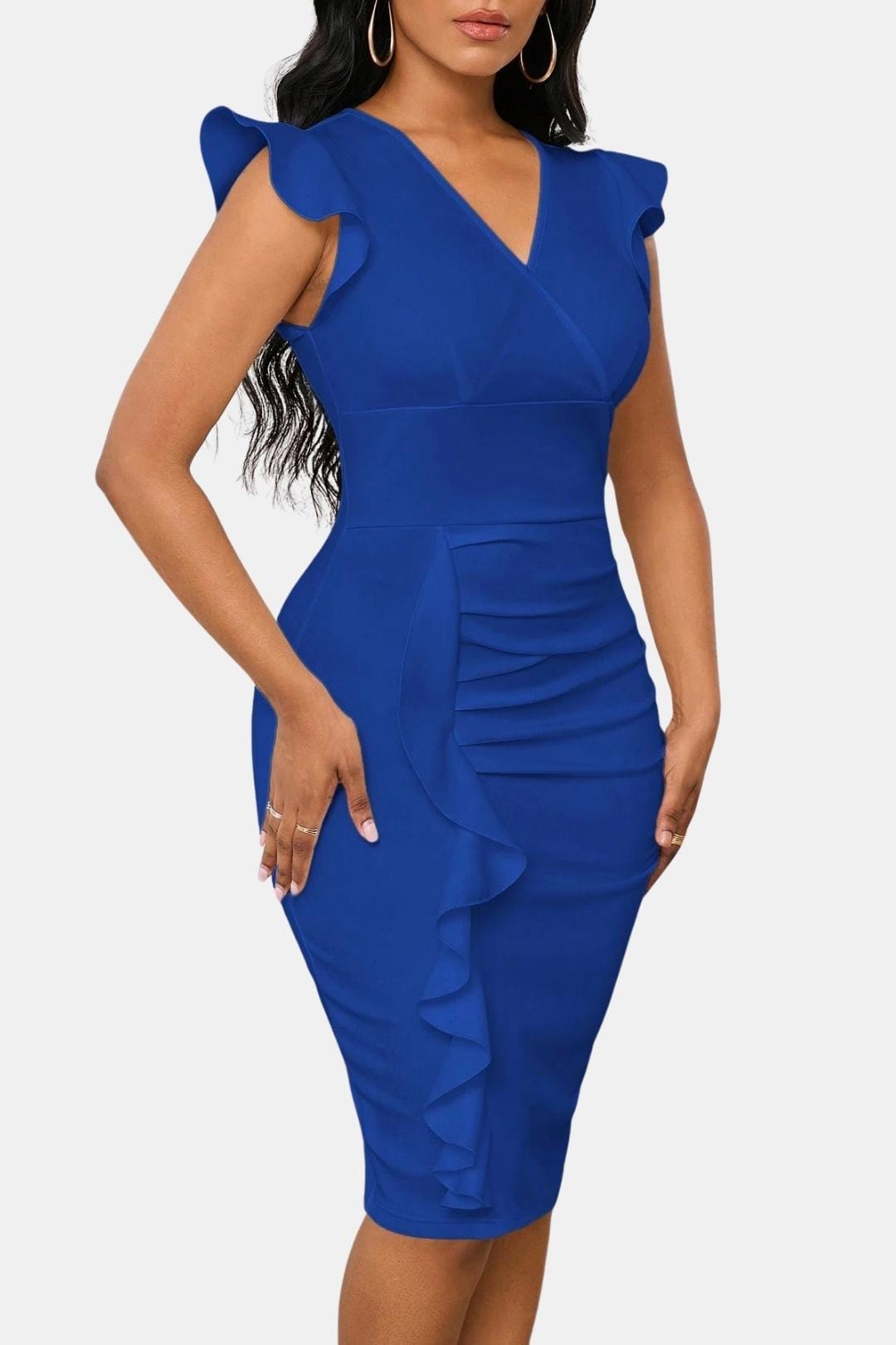 Elegant Cocktail Dress for Women with V-Neck Flutter Sleeve Ruched Waist Bodycon Mini Party Style