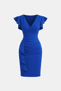 Elegant Cocktail Dress for Women with V-Neck Flutter Sleeve Ruched Waist Bodycon Mini Party Style