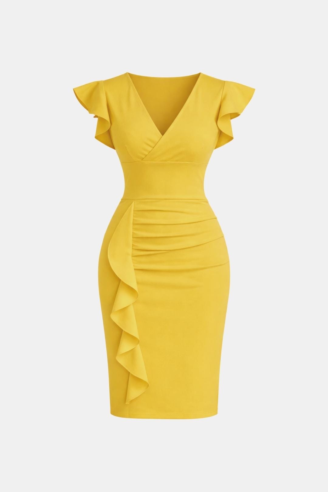 Elegant Cocktail Dress for Women with V-Neck Flutter Sleeve Ruched Waist Bodycon Mini Party Style
