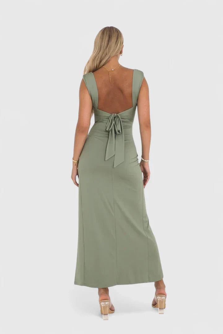 Elegant Green Dress for Women with Square Neck Sleeveless Ruched Bodycon Side Slit Cocktail Midi Style