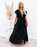 Effortless Maxi Dress for Women with Deep V-Neck Flutter Sleeve Button Front Pleated Casual Sundress Style