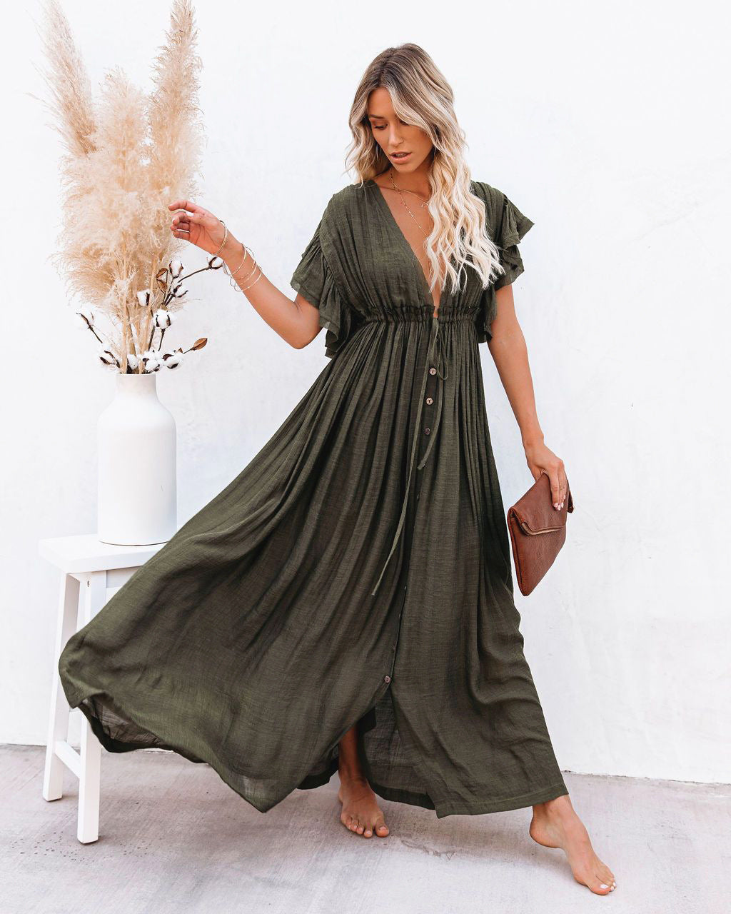 Effortless Maxi Dress for Women with Deep V-Neck Flutter Sleeve Button Front Pleated Casual Sundress Style