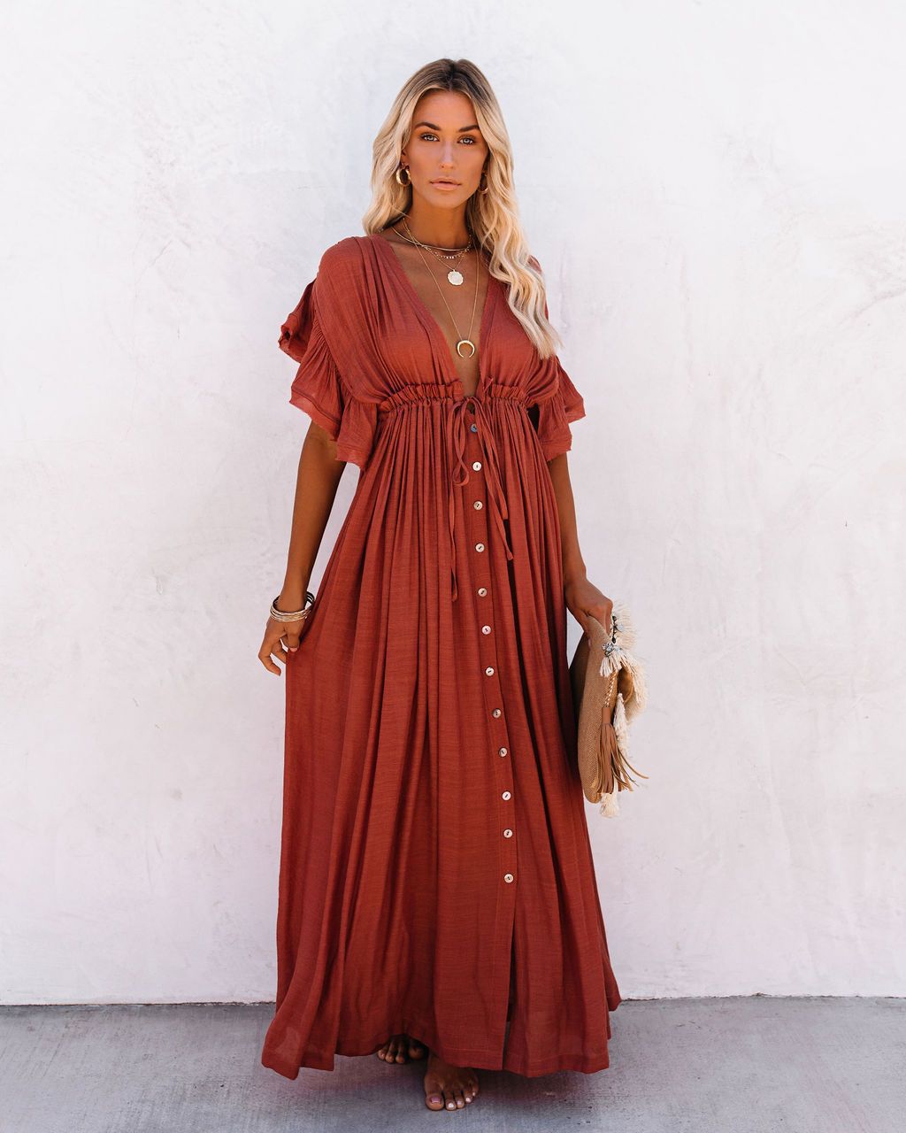 Effortless Maxi Dress for Women with Deep V-Neck Flutter Sleeve Button Front Pleated Casual Sundress Style