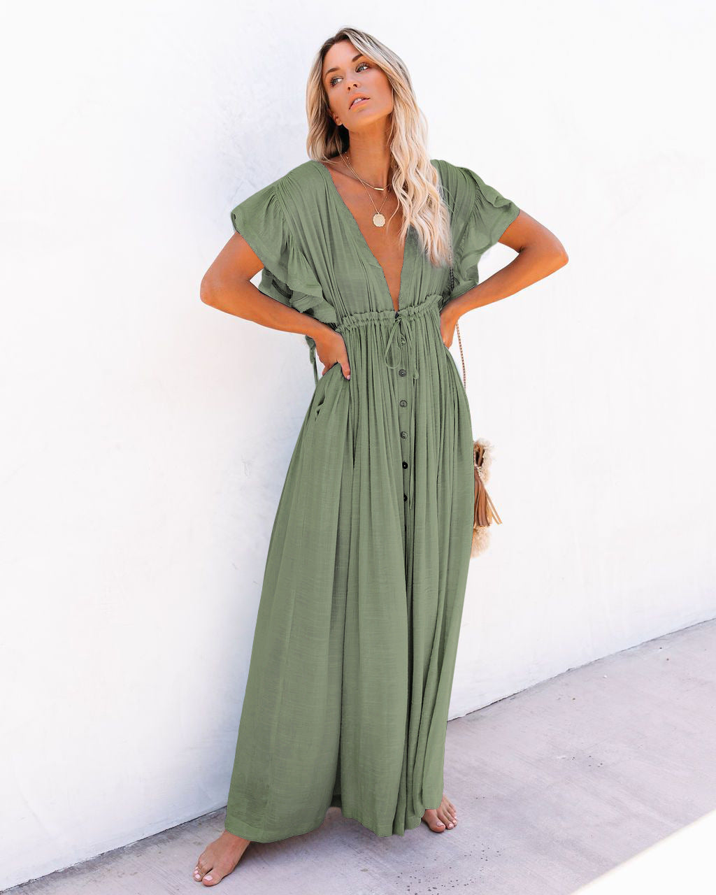 Effortless Maxi Dress for Women with Deep V-Neck Flutter Sleeve Button Front Pleated Casual Sundress Style