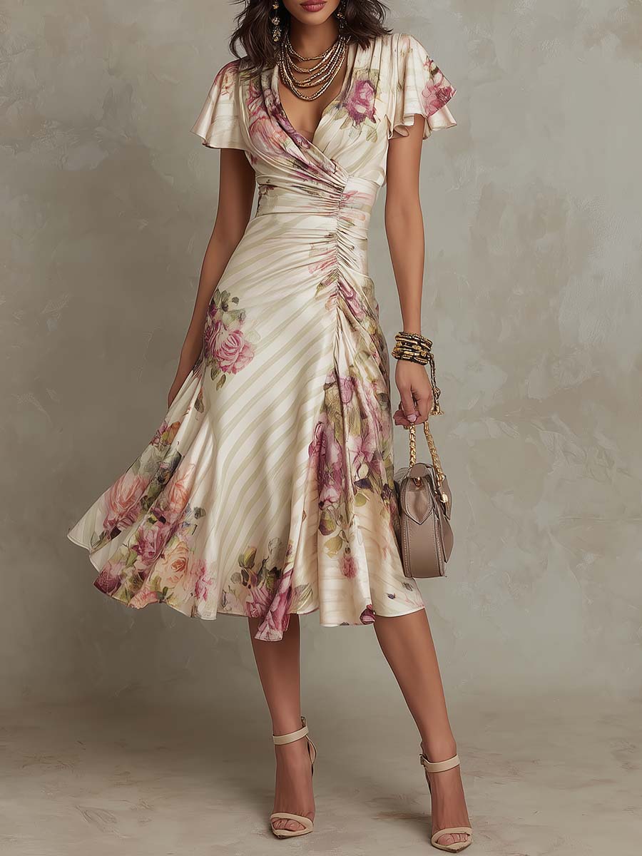 Elegant Floral Dress for Women with Satin Ruched Wrap V-Neck Flutter Sleeve Formal Wedding Guest Style
