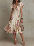 Elegant Floral Dress for Women with Satin Ruched Wrap V-Neck Flutter Sleeve Formal Wedding Guest Style