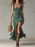 Effortless Maxi dress for Women with Square Neck Ruffle Strap Smocked Bodice Floral Print Side Slit Style