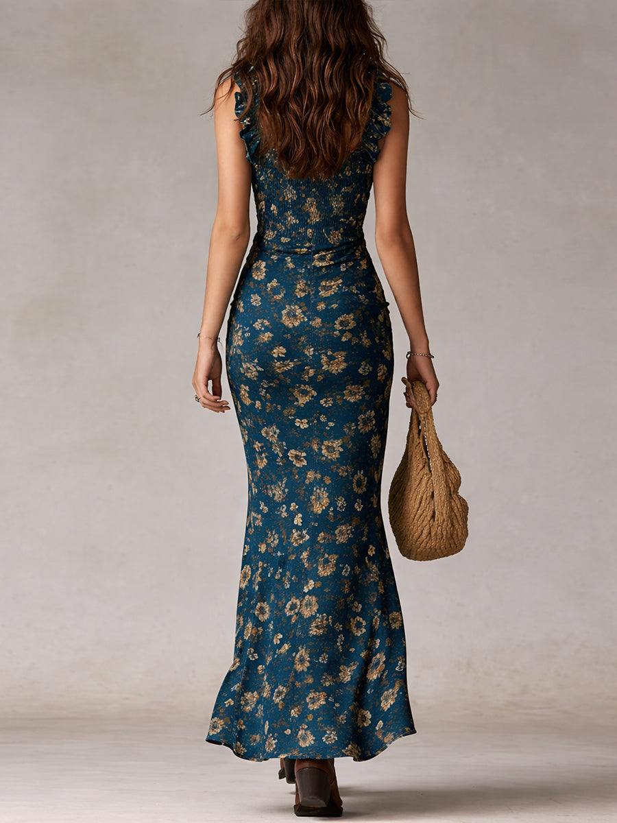 Effortless Maxi dress for Women with Square Neck Ruffle Strap Smocked Bodice Floral Print Side Slit Style
