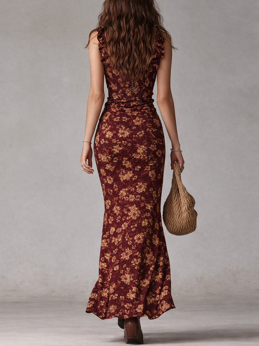 Effortless Maxi dress for Women with Square Neck Ruffle Strap Smocked Bodice Floral Print Side Slit Style