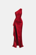 Elegant Cocktail Dress for Women with One Shoulder Ruched Bodycon Side Slit Maxi Formal Party Style