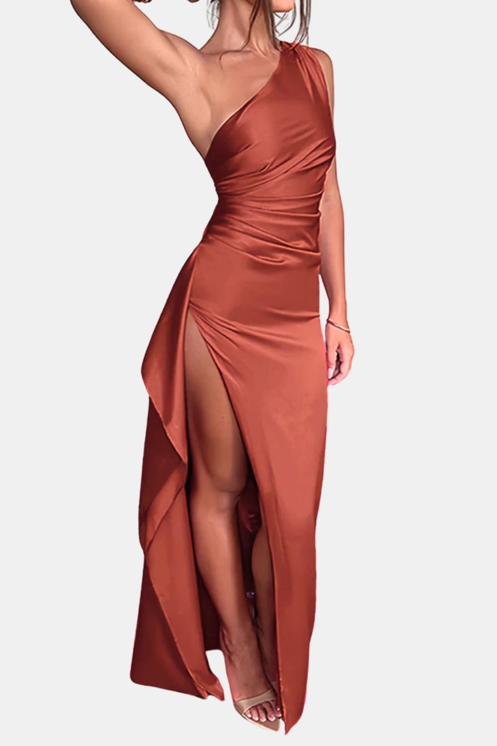 Elegant Cocktail Dress for Women with One Shoulder Ruched Bodycon Side Slit Maxi Formal Party Style