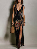 Elegant Black Dress for Women with Deep V-Neck Ruffle Trim Floral Print High Slit Midi Style