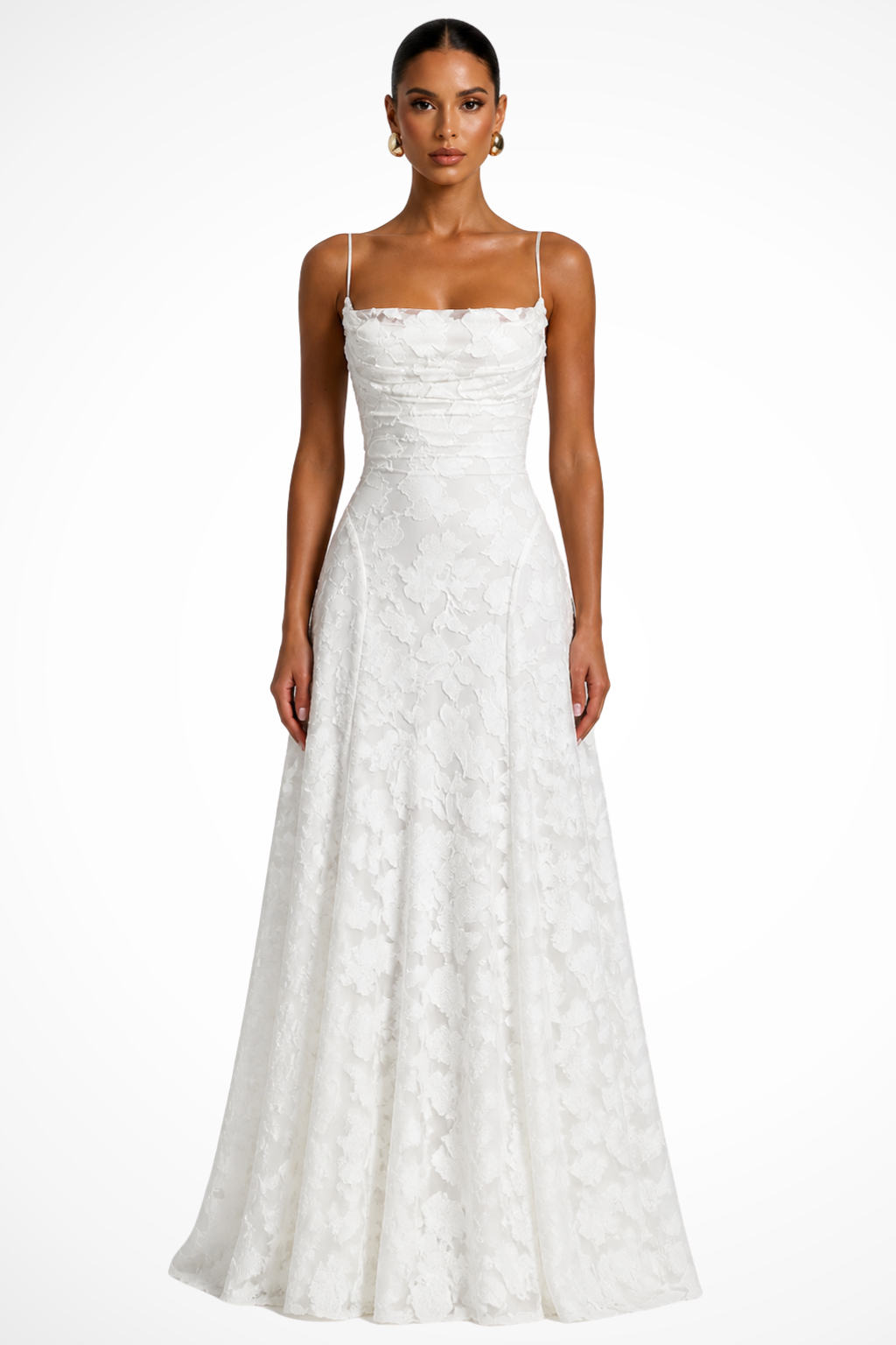 Elegant Formal Wedding Guest Dress for Women with Square Neck Spaghetti Strap Floral Brocade Maxi Style