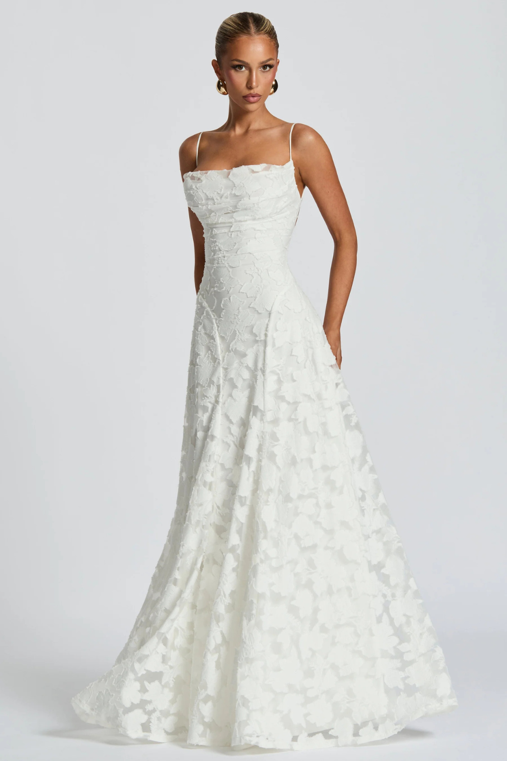 Elegant Formal Wedding Guest Dress for Women with Square Neck Spaghetti Strap Floral Brocade Maxi Style