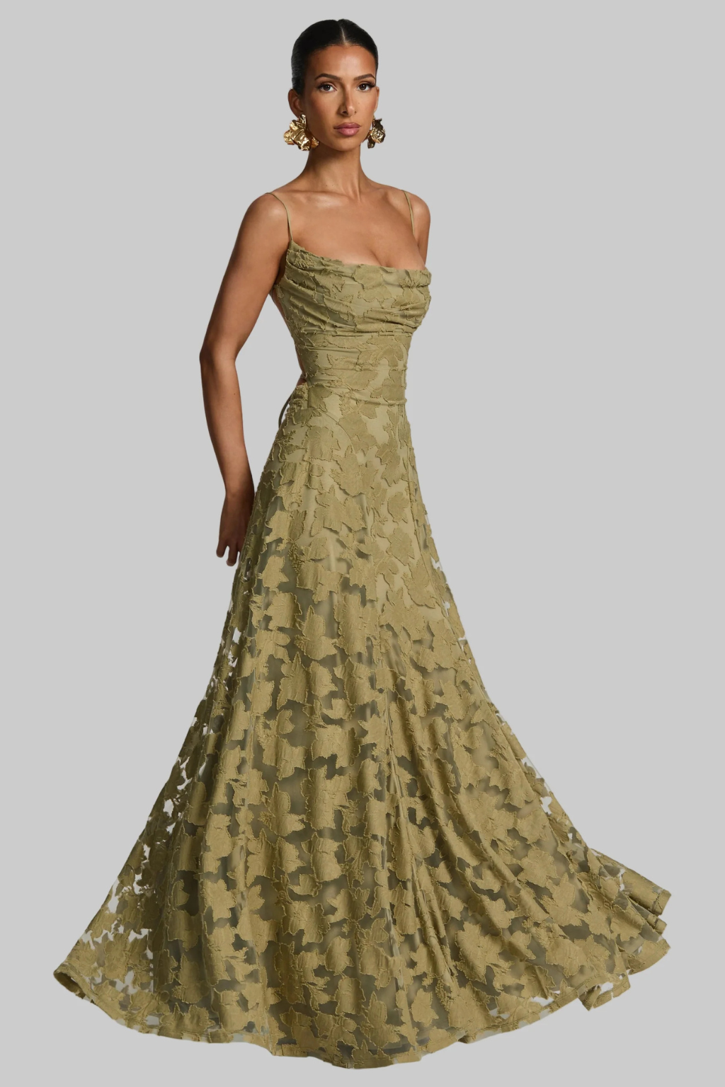Elegant Formal Wedding Guest Dress for Women with Square Neck Spaghetti Strap Floral Brocade Maxi Style