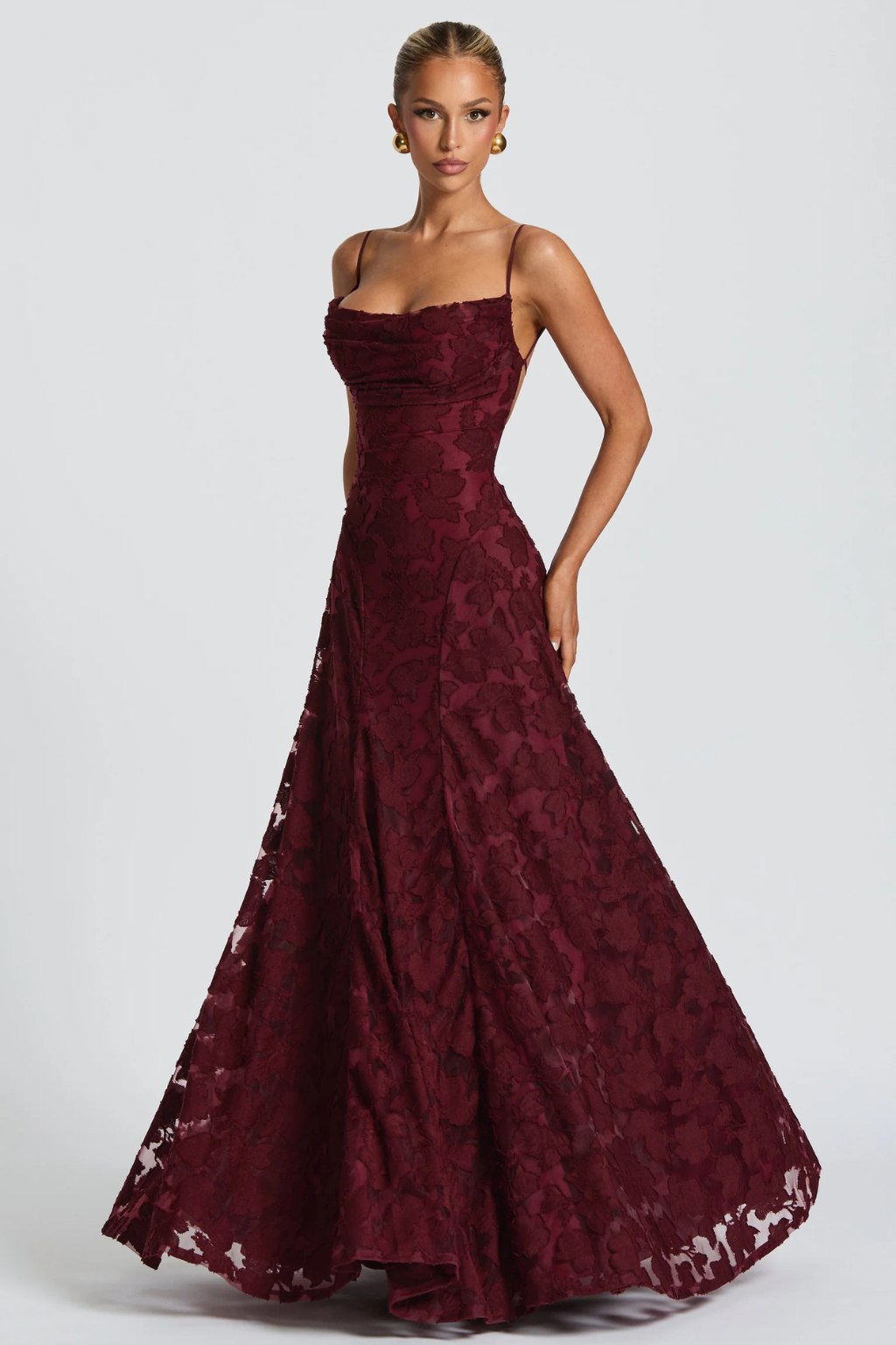 Elegant Formal Wedding Guest Dress for Women with Square Neck Spaghetti Strap Floral Brocade Maxi Style