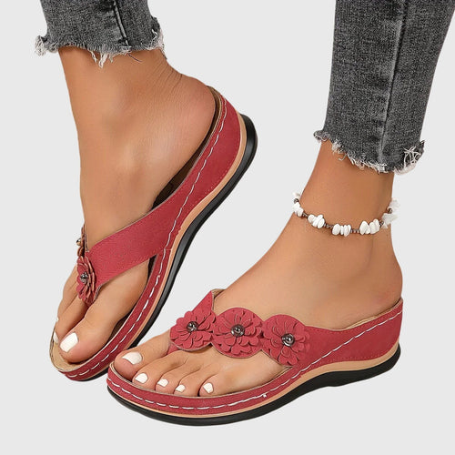 Comfortable Flip Flops for Women with Toe Ring Floral Detail Suede Wedge Heel Contoured Casual Sandal Style