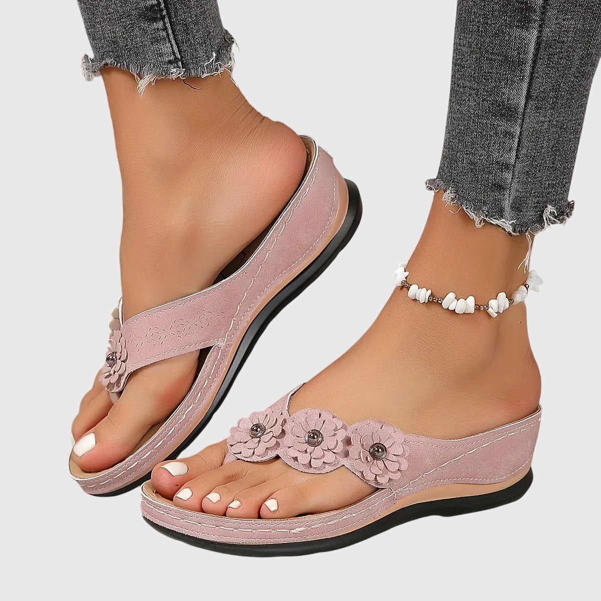 Comfortable Flip Flops for Women with Toe Ring Floral Detail Suede Wedge Heel Contoured Casual Sandal Style