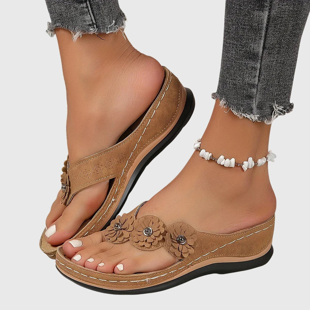 Comfortable Flip Flops for Women with Toe Ring Floral Detail Suede Wedge Heel Contoured Casual Sandal Style