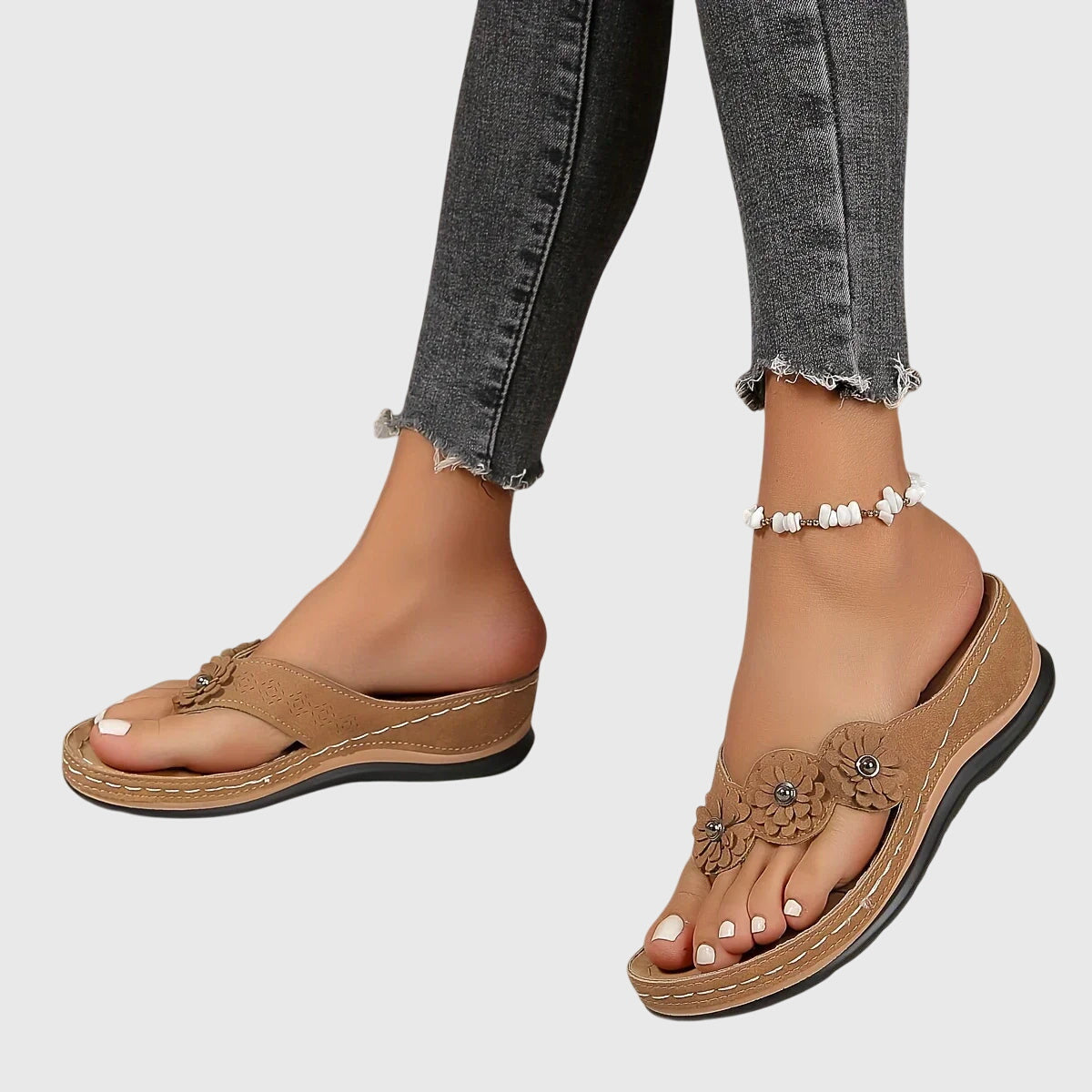 Comfortable Flip Flops for Women with Toe Ring Floral Detail Suede Wedge Heel Contoured Casual Sandal Style