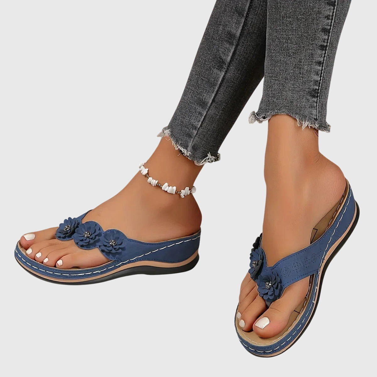Comfortable Flip Flops for Women with Toe Ring Floral Detail Suede Wedge Heel Contoured Casual Sandal Style