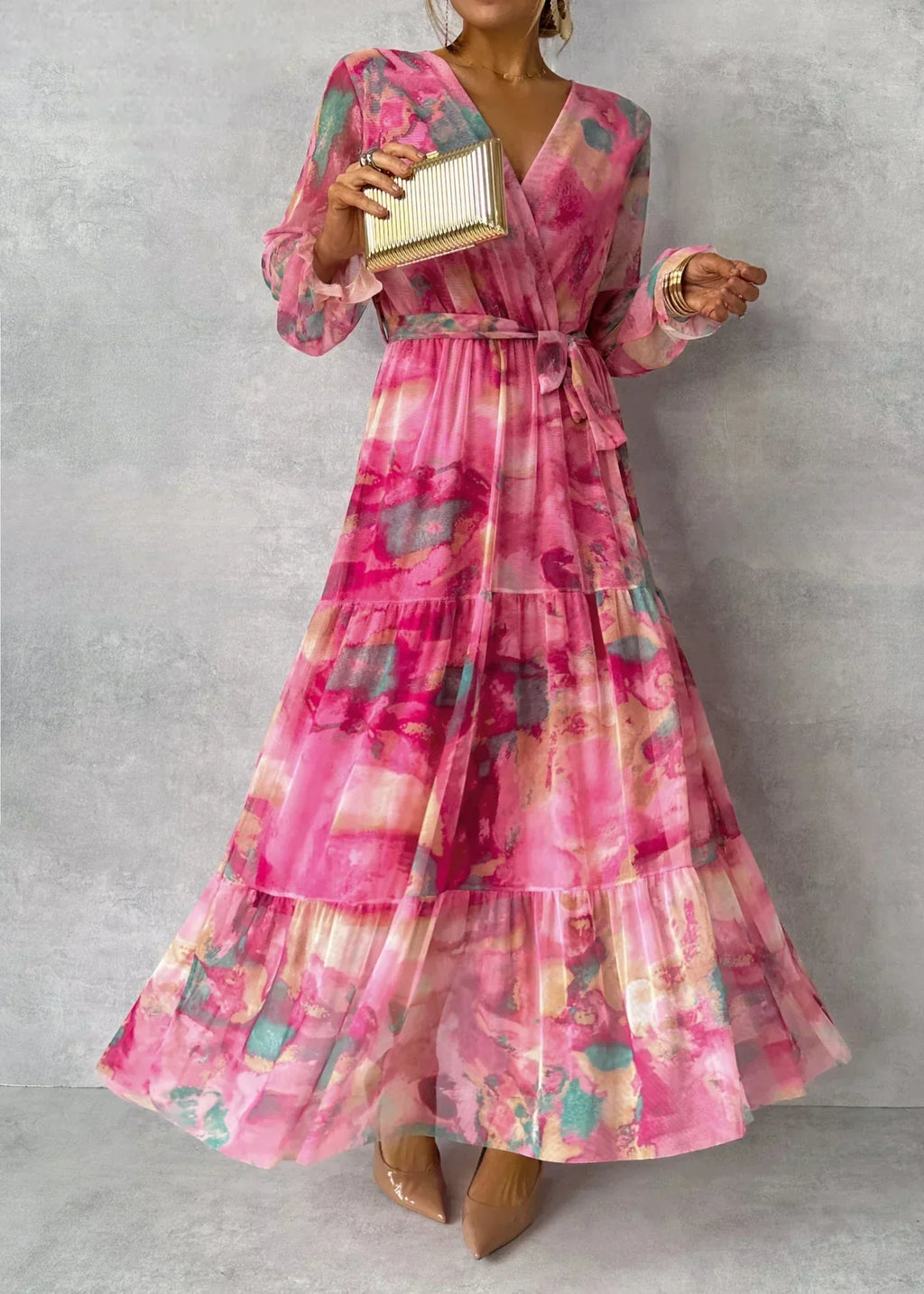 Elegant Pink Maxi Dress for Women with V-Neck Balloon Sleeve Floral Print Pleated Tie Waist Formal Style