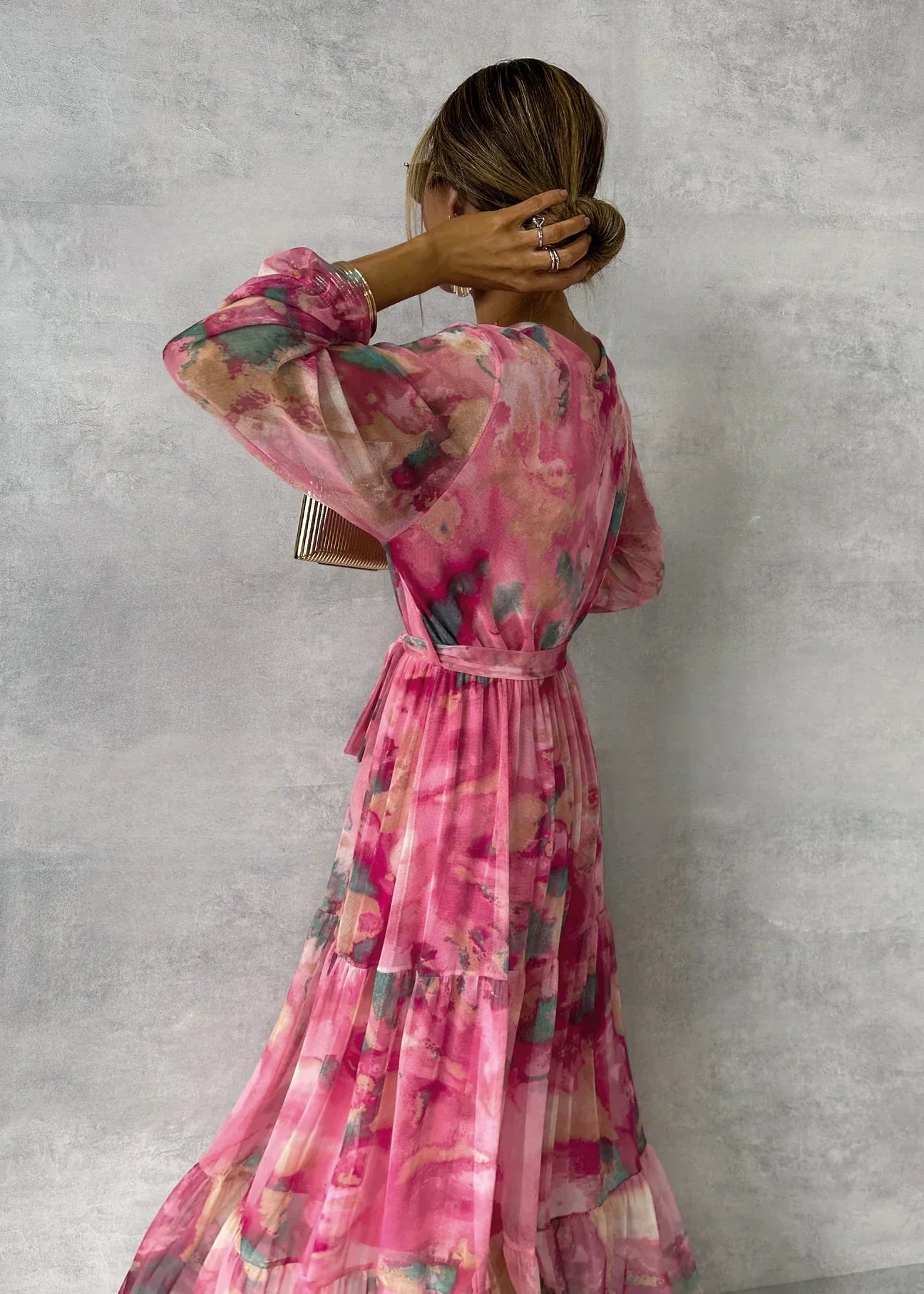 Elegant Pink Maxi Dress for Women with V-Neck Balloon Sleeve Floral Print Pleated Tie Waist Formal Style