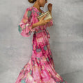 Elegant Pink Maxi Dress for Women with V-Neck Balloon Sleeve Floral Print Pleated Tie Waist Formal Style