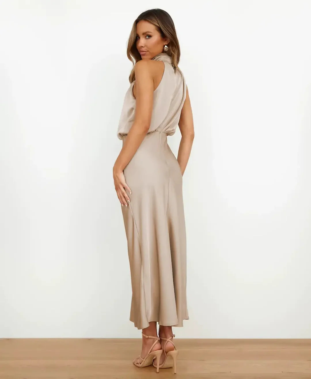 Elegant Formal Wedding Guest Dress for Women with Halter Neck Sleeveless Satin Draped Blouson Midi Style