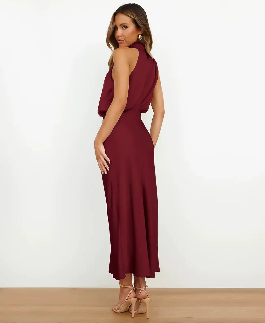 Elegant Formal Wedding Guest Dress for Women with Halter Neck Sleeveless Satin Draped Blouson Midi Style
