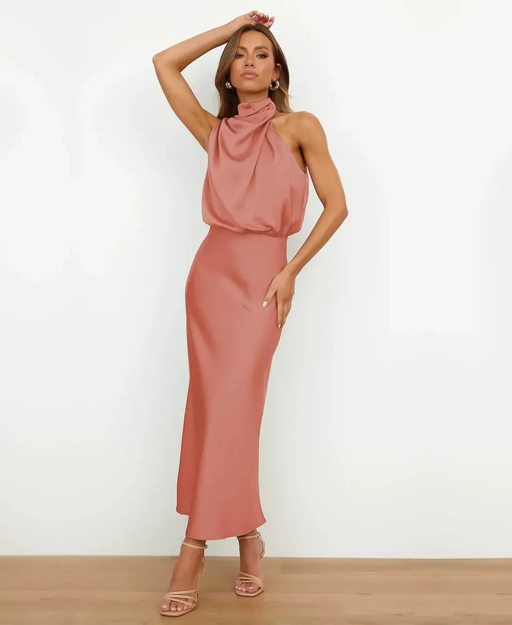 Elegant Formal Wedding Guest Dress for Women with Halter Neck Sleeveless Satin Draped Blouson Midi Style