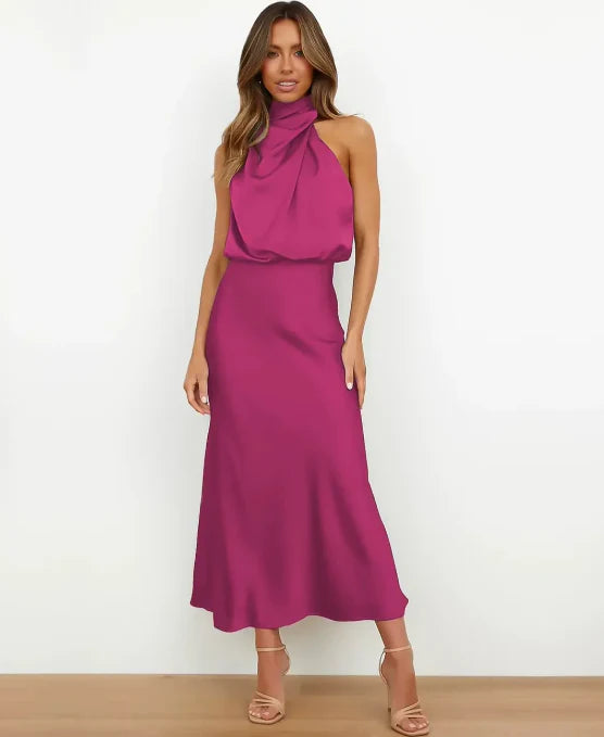 Elegant Formal Wedding Guest Dress for Women with Halter Neck Sleeveless Satin Draped Blouson Midi Style