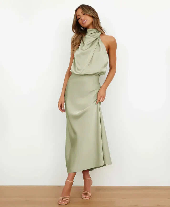 Elegant Formal Wedding Guest Dress for Women with Halter Neck Sleeveless Satin Draped Blouson Midi Style