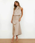Elegant Formal Wedding Guest Dress for Women with Halter Neck Sleeveless Satin Draped Blouson Midi Style